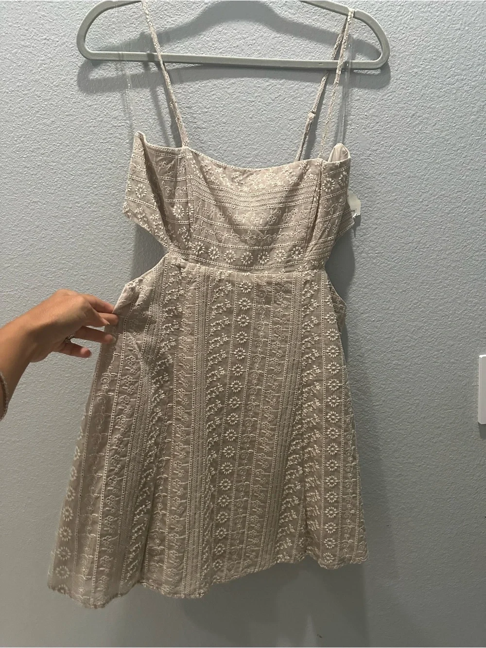 NWT. Medium Juniors, Altar'd State Taupe embroidered cutout Mini Dress - Picture 2 of 9